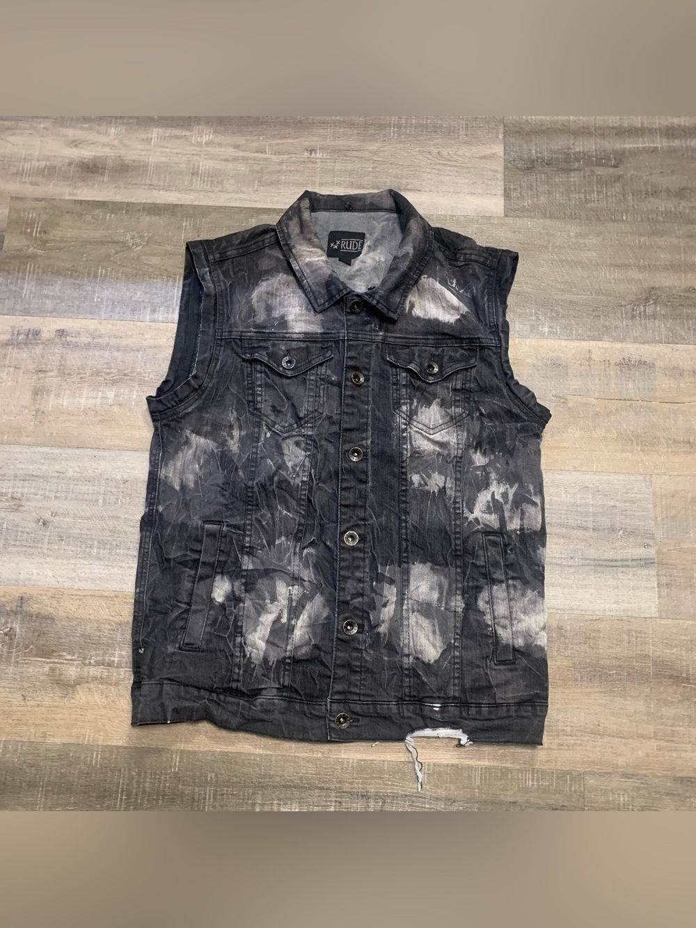 Rude Hot Topic Acid Wash Denim Jean Vest Men's Large Grunge Punk Rock Metal
